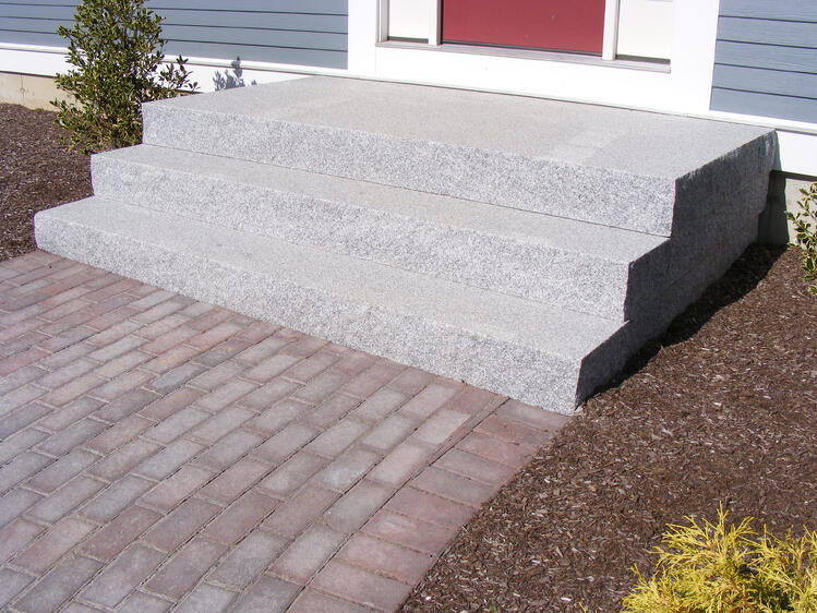 Woodbury Gray granite entry steps and brick walkway