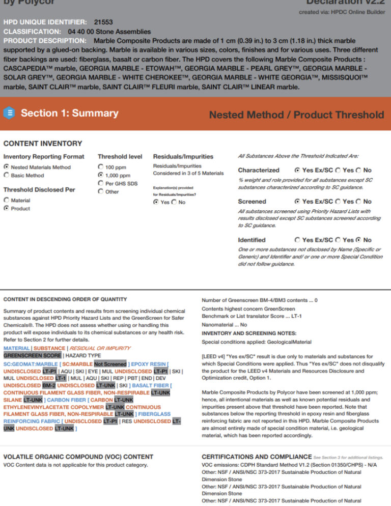 HPD Marble Composite Products