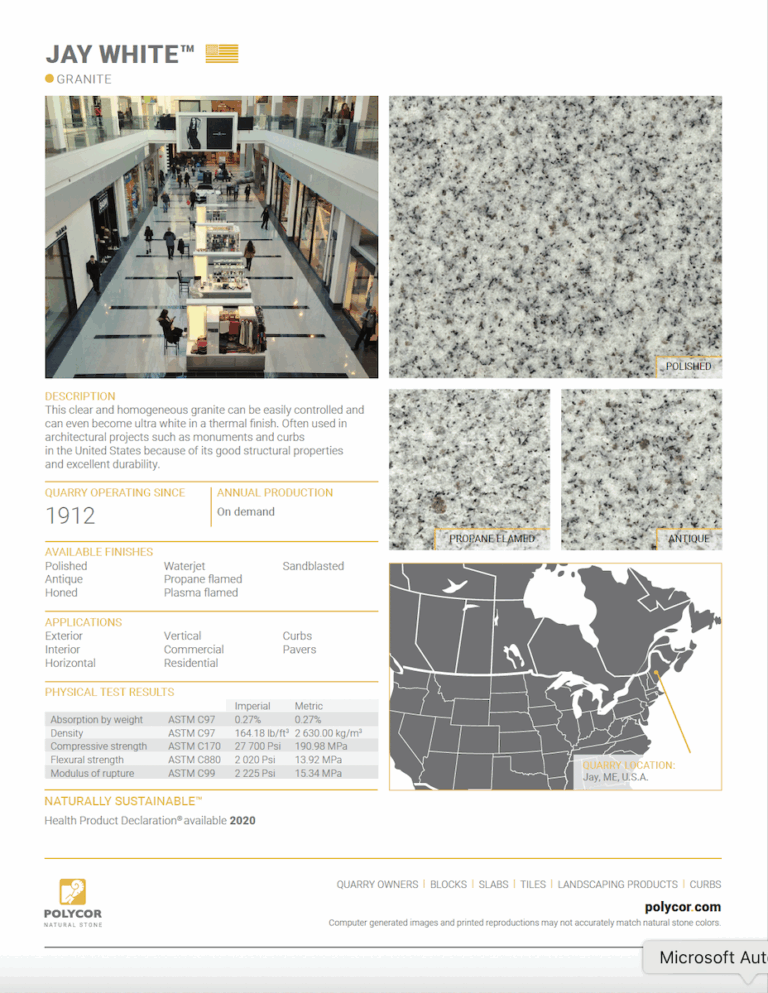 JAY WHITE™ Granite Stone Spec Sheet