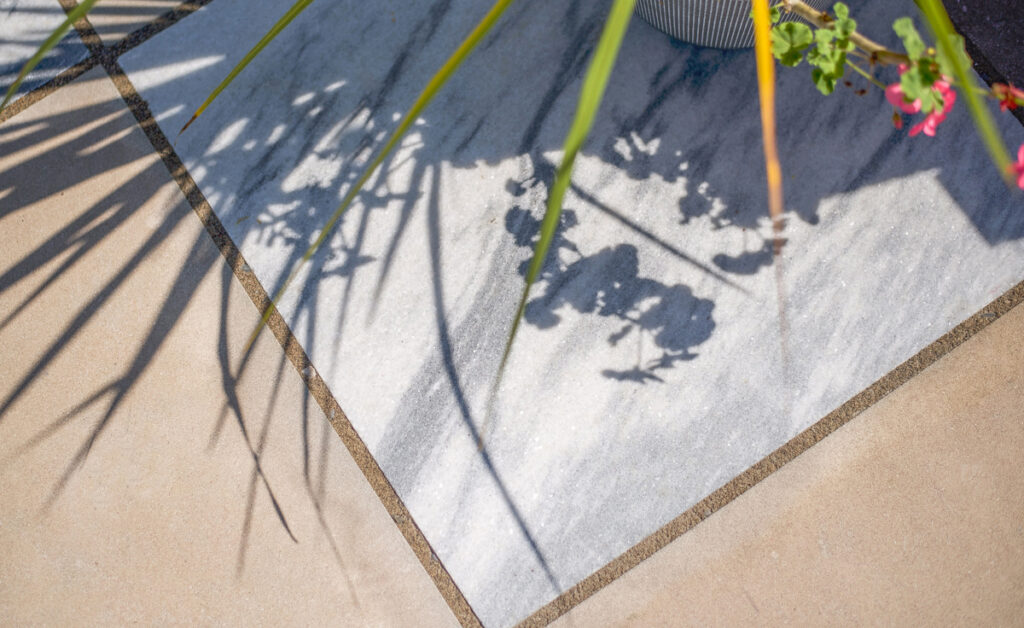 close-up of the checkerboard patio